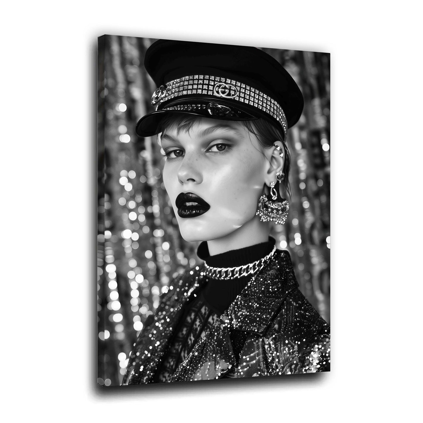 Luxus Frau mit Mütze schwarz weiß Make-up und Accessoires Wandbild