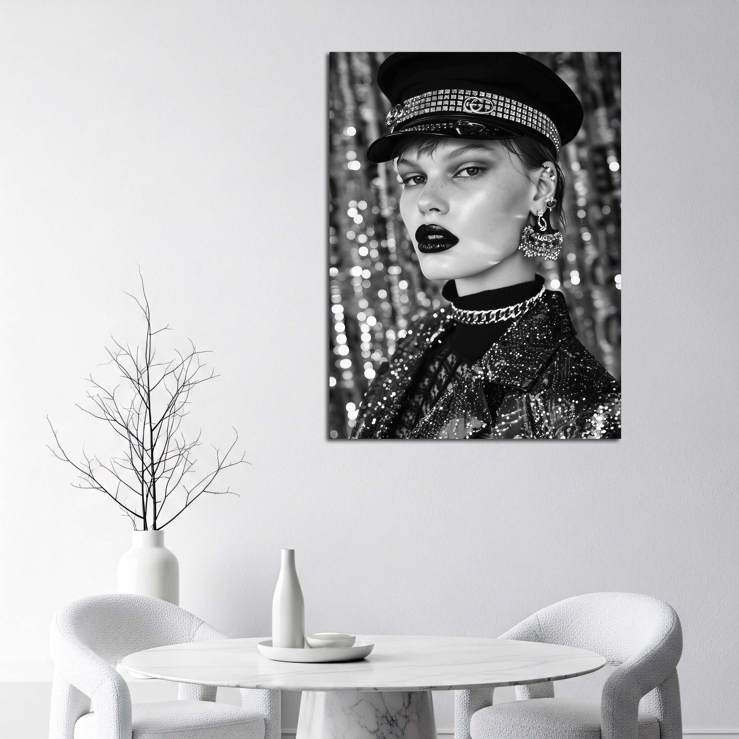 Luxus Frau mit Mütze schwarz weiß Make-up und Accessoires Wandbild