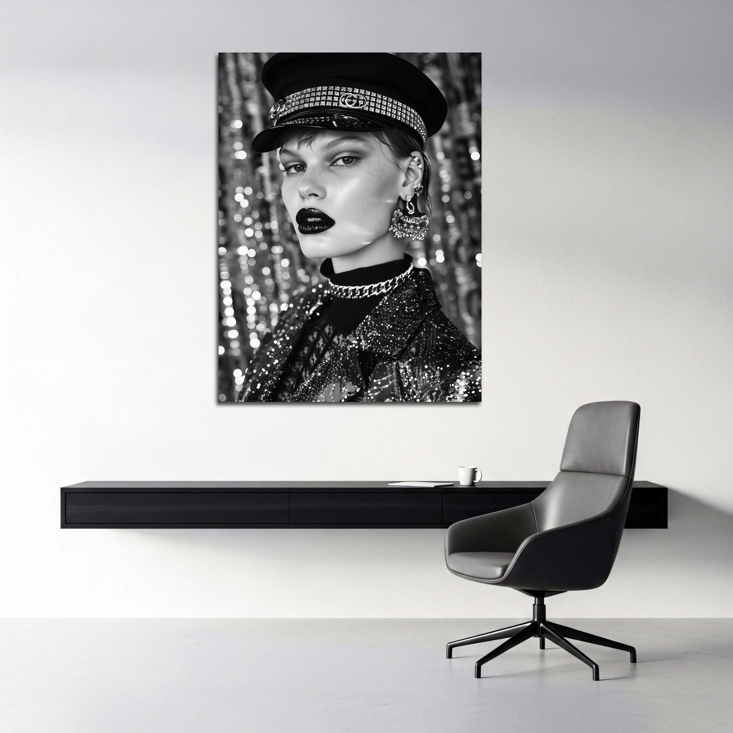 Luxus Frau mit Mütze schwarz weiß Make-up und Accessoires Wandbild