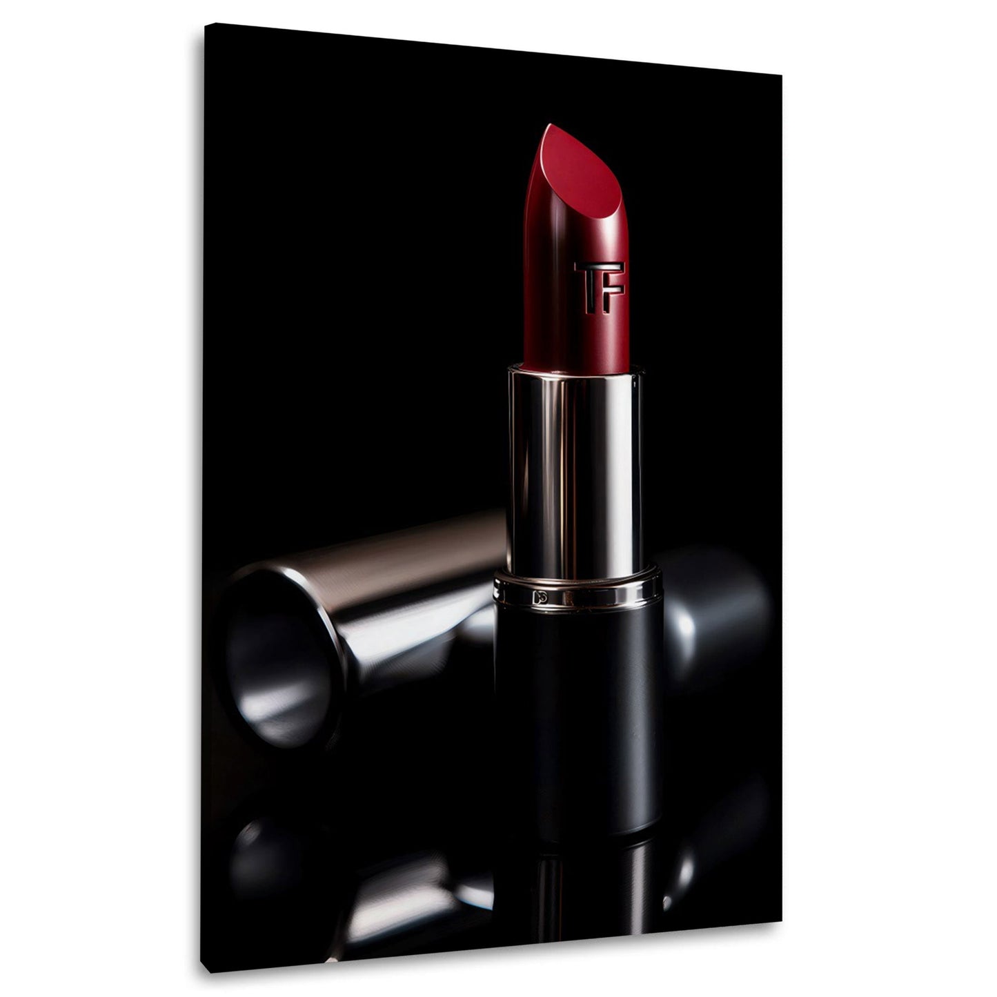 Roter Luxus Lippenstift mit silberner Hülse vor schwarzem Grund – Wandbild im Hochformat