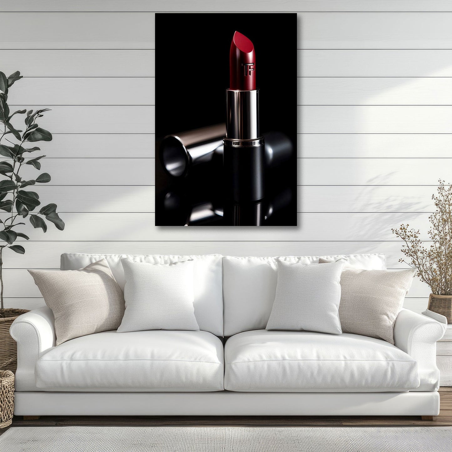 Lippenstift Wandbild in Rot und Schwarz über der Kommode im Schlafzimmer