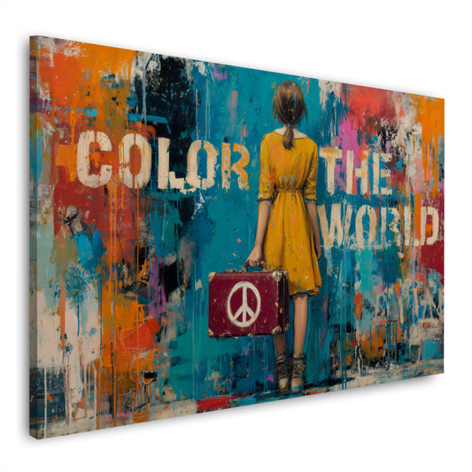 Mädchen mit Koffer Peace Zeichen Color The World Street Art Wandbild