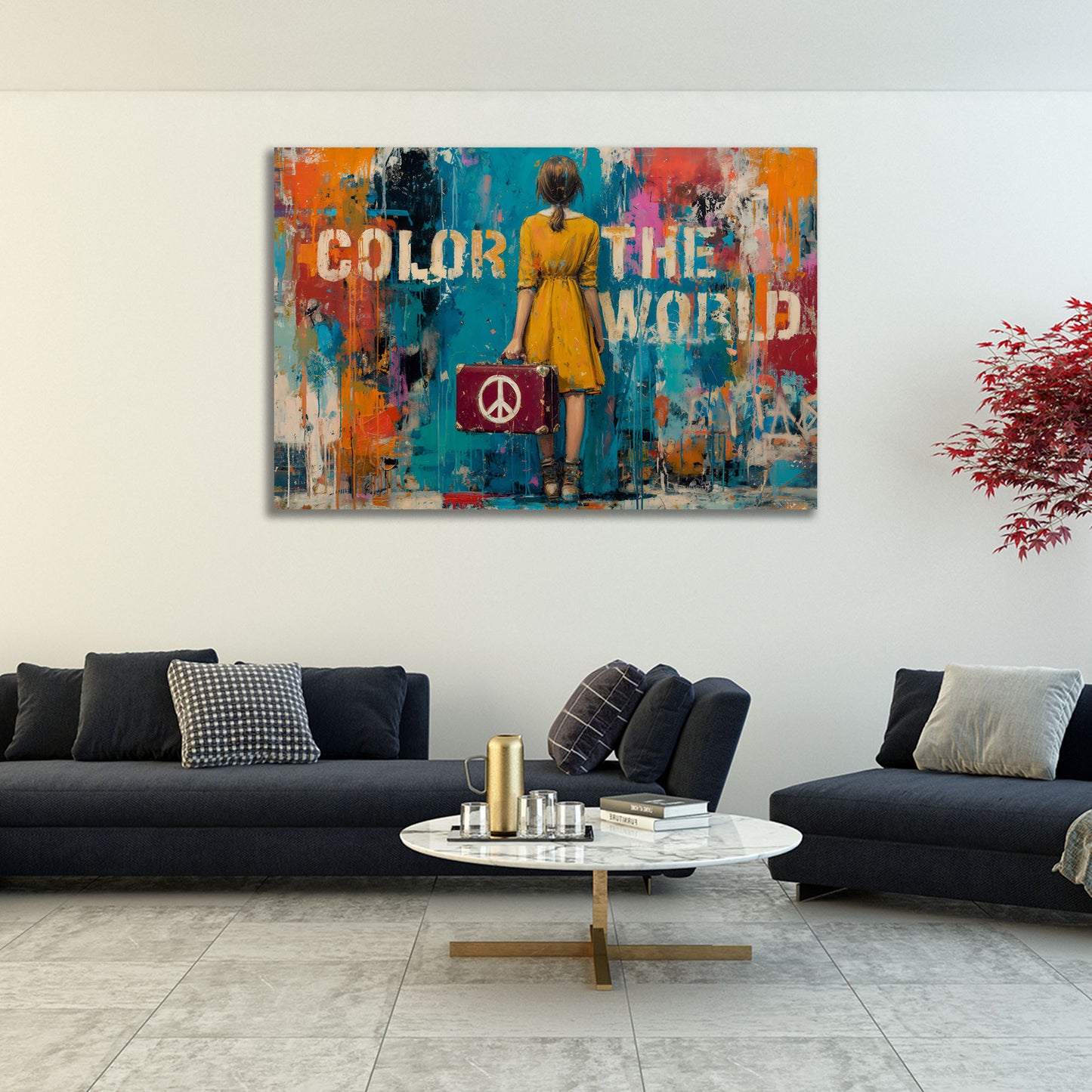Mädchen mit Koffer Peace Zeichen Color The World Street Art Wandbild