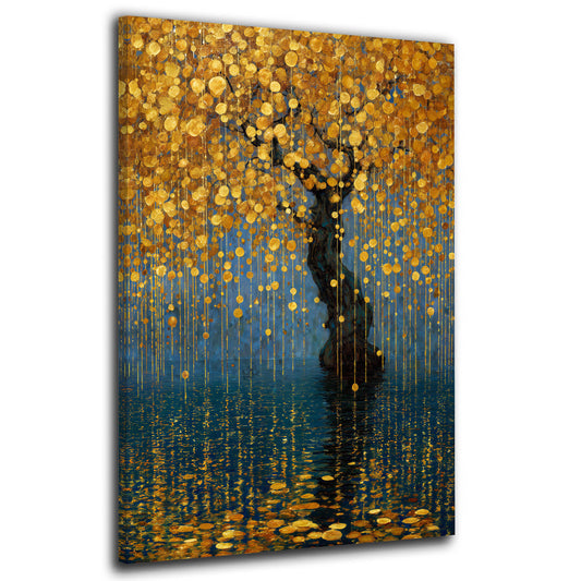 Magischer Baum aus Goldblättern leuchtend am See Wandbild