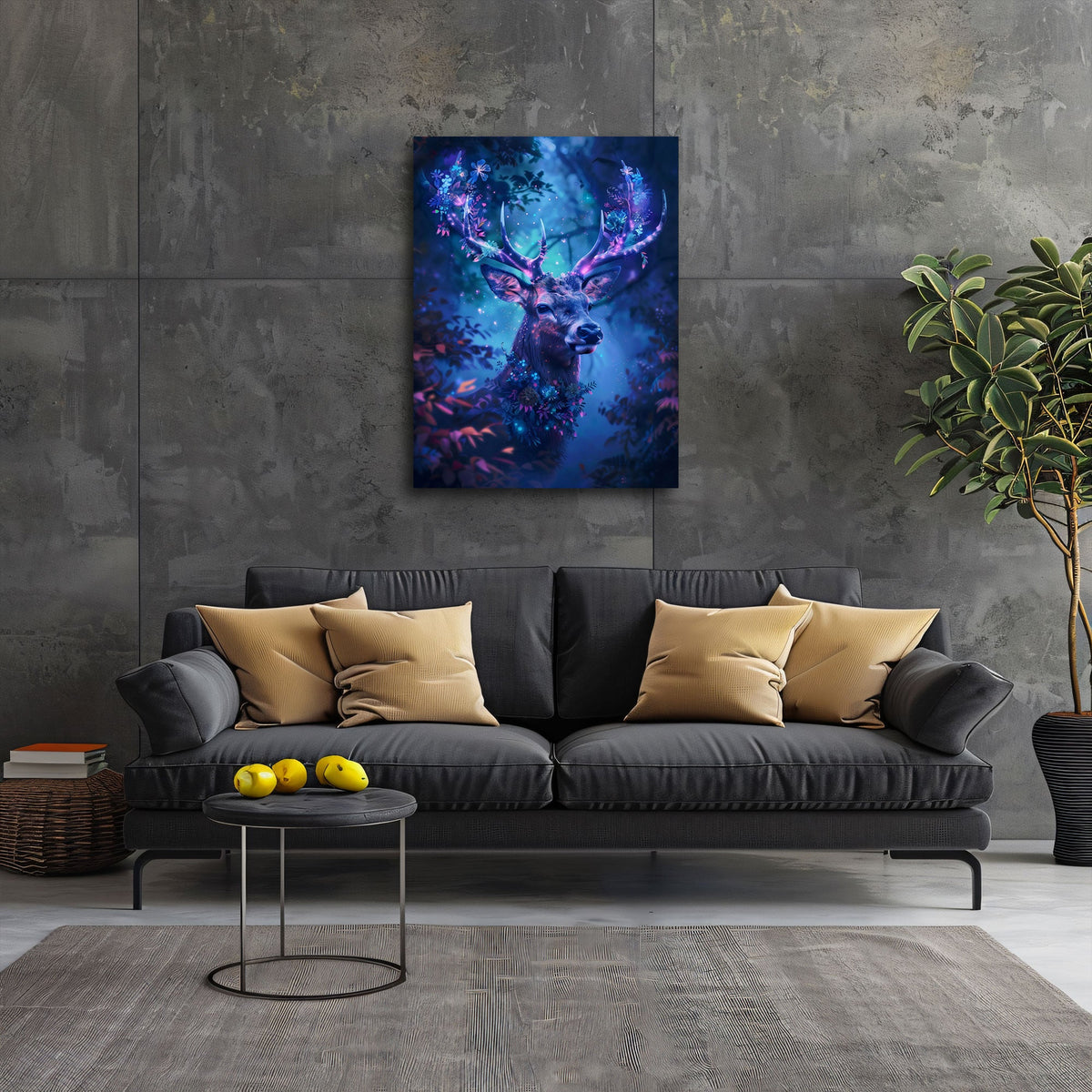 Fantasy-Wandbild mit magischem Hirsch über dem Bett im Schlafzimmer