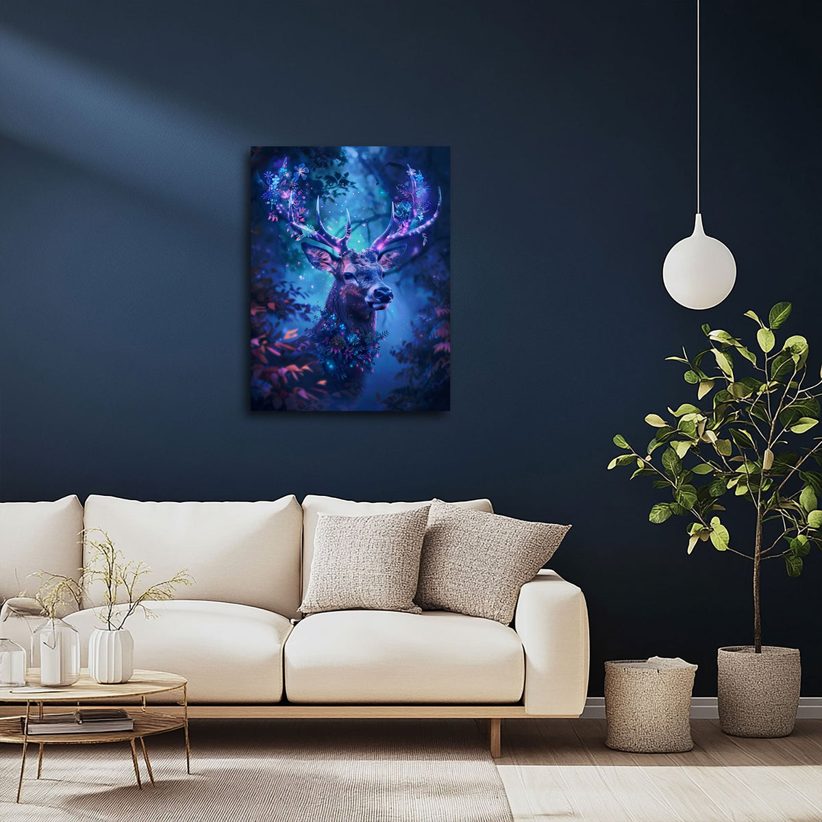 Leuchtender Blütenwald mit Hirsch als Wandbild im Wohnzimmer