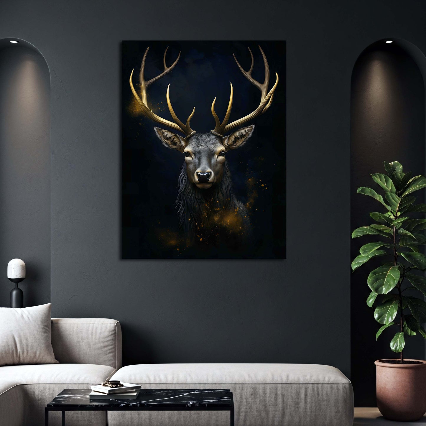 Majestätischer Hirschkopf mit leuchtendem Geweih Wandbild