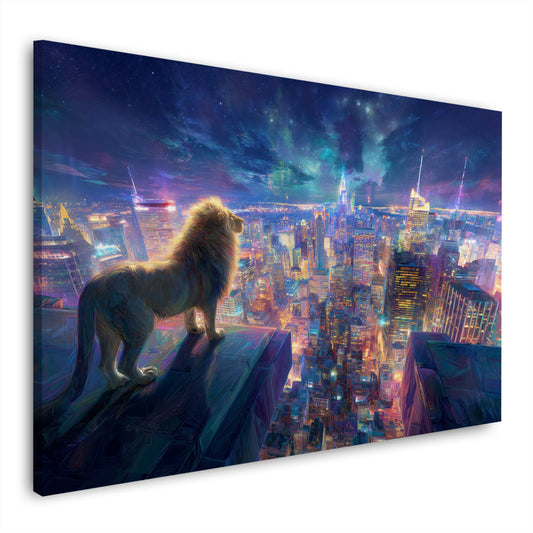 Majestätischer Löwe über die funkelnde Metropole Wandbild