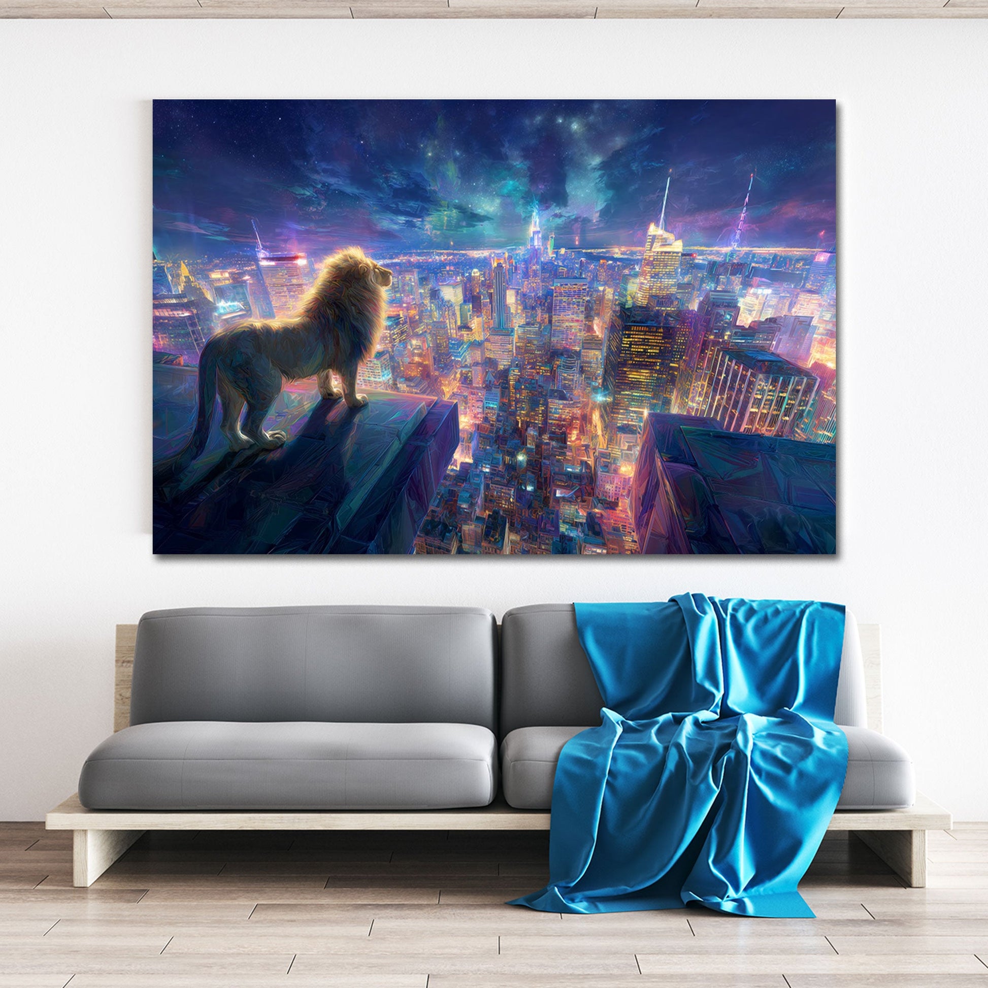 Majestätischer Löwe über die funkelnde Metropole Wandbild