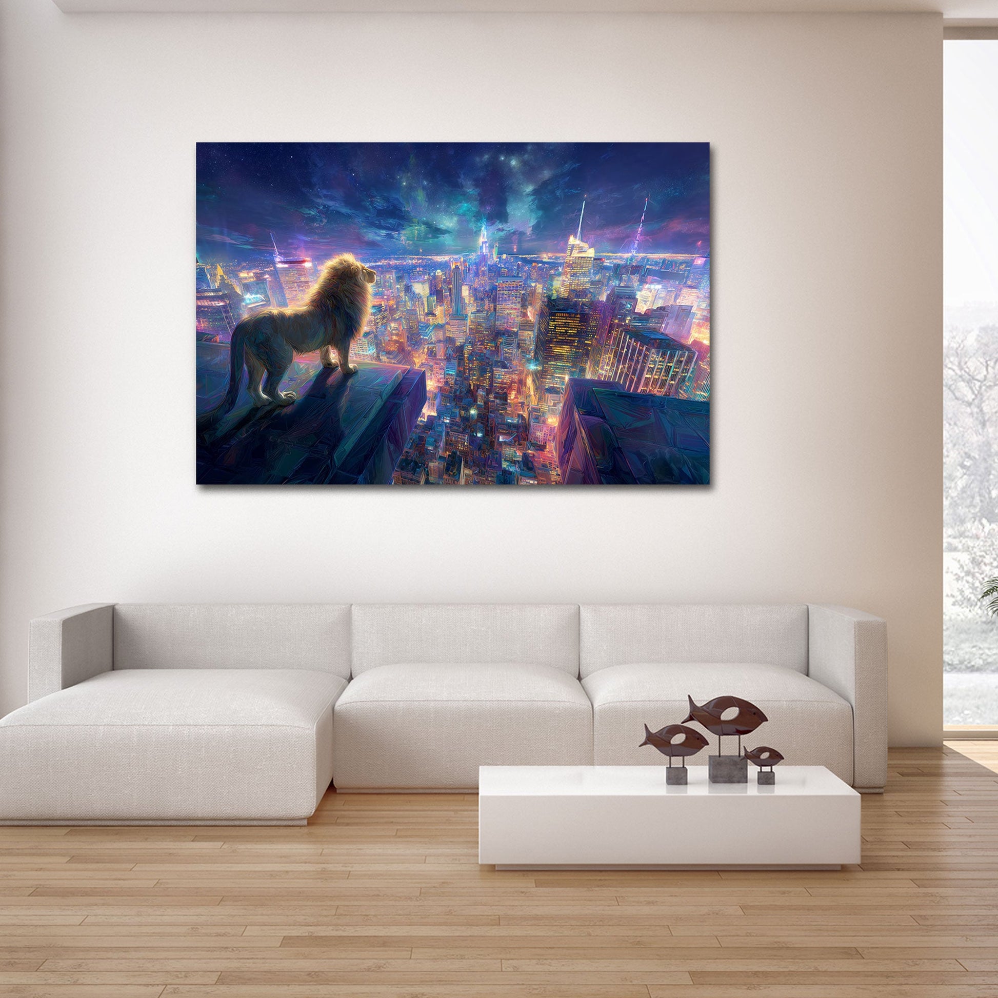 Majestätischer Löwe über die funkelnde Metropole Wandbild