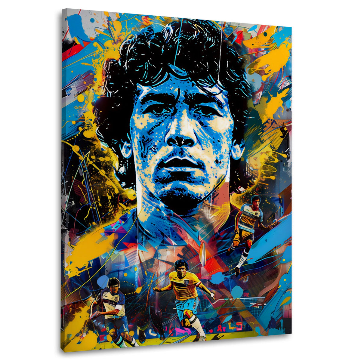 Wandbild Maradona Porträt in Blau und Gelb mit Spielszenen