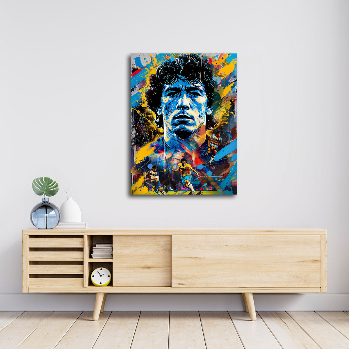 Detailansicht Fußball Wandbild mit Spielszenen und Farbspritzern