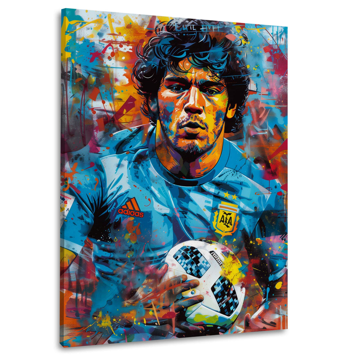 Wandbild Maradona Porträt mit Fußball in expressiven Farben