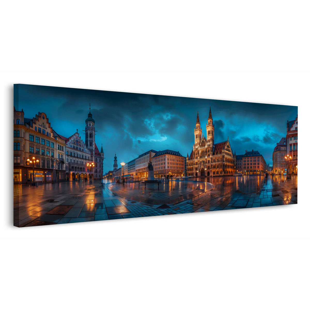 Panorama Wandbild Marienplatz München mit beleuchtetem Rathaus