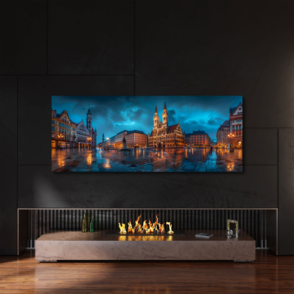 Breites Städte Wandbild über dem Sofa im Wohnzimmer