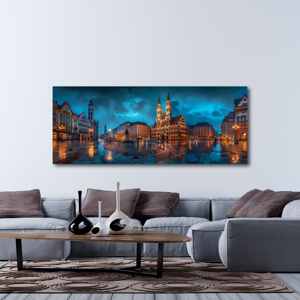 Detailansicht Marienplatz Wandbild mit Rathaus und Spiegelungen