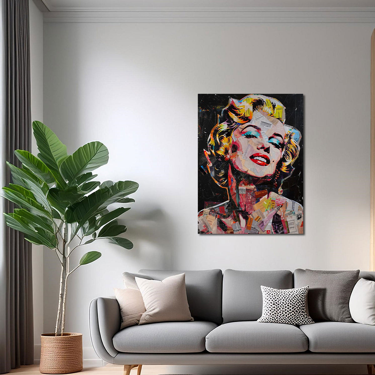 Pop-Art-Porträt als Wandbild über dem Sofa im Wohnzimmer