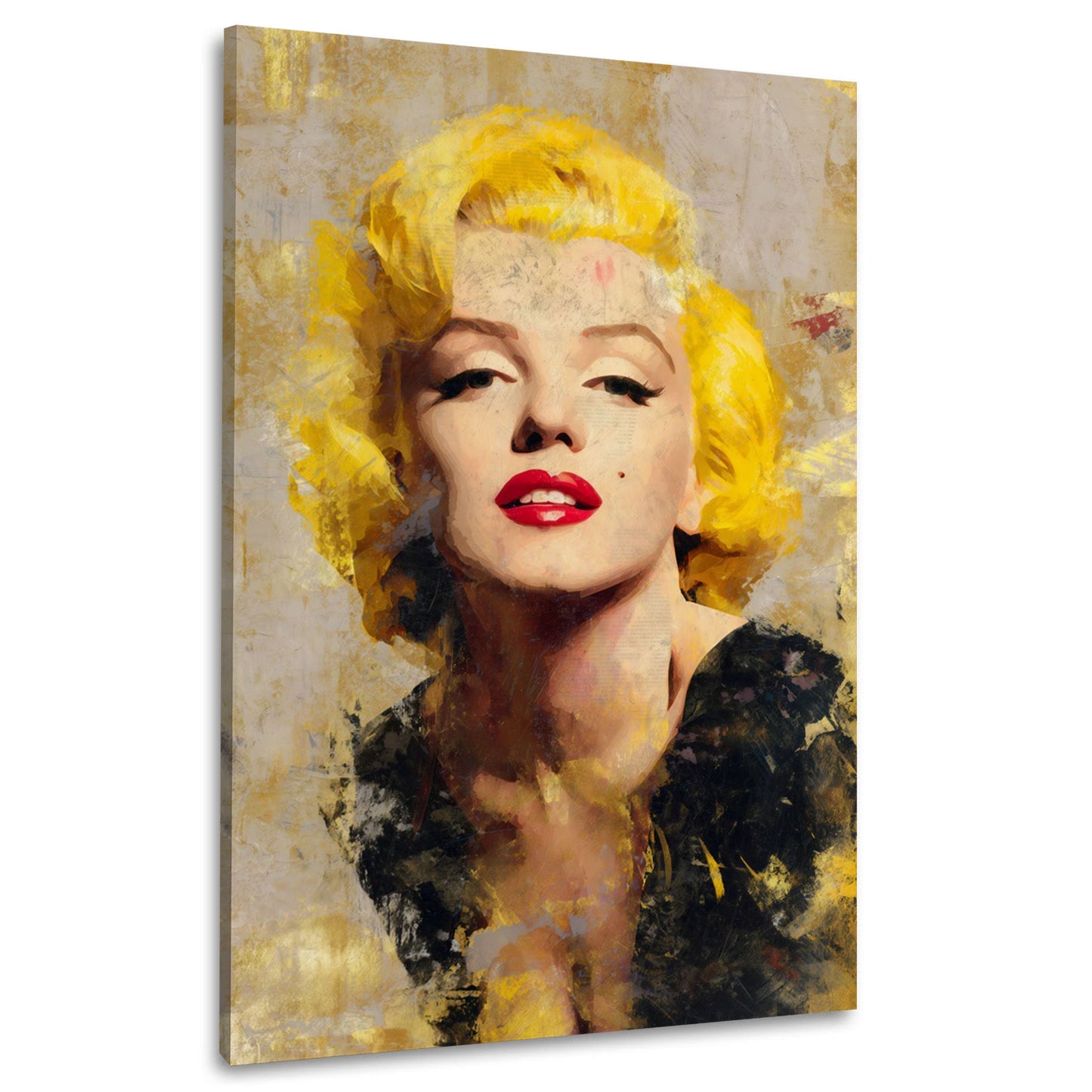 Marilyn Gemälde goldene Farben roter Lippenstift Wandbild