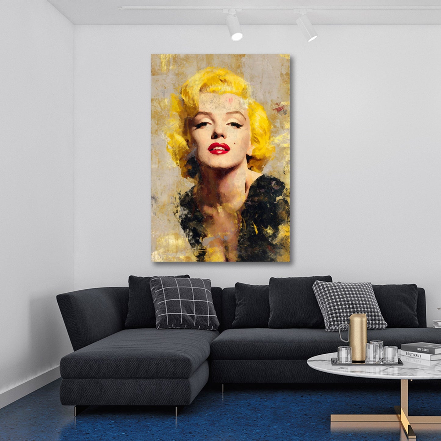 Marilyn Gemälde goldene Farben roter Lippenstift Wandbild