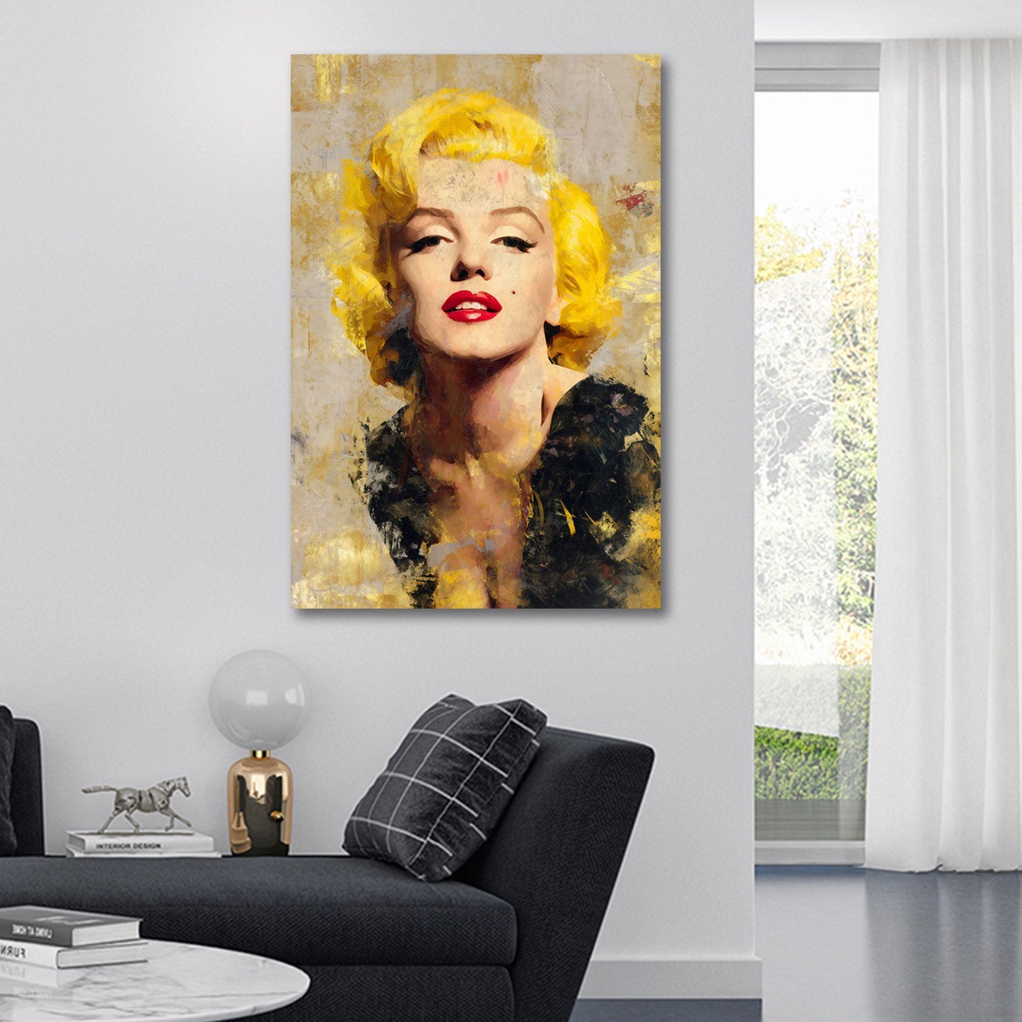 Marilyn Gemälde goldene Farben roter Lippenstift Wandbild