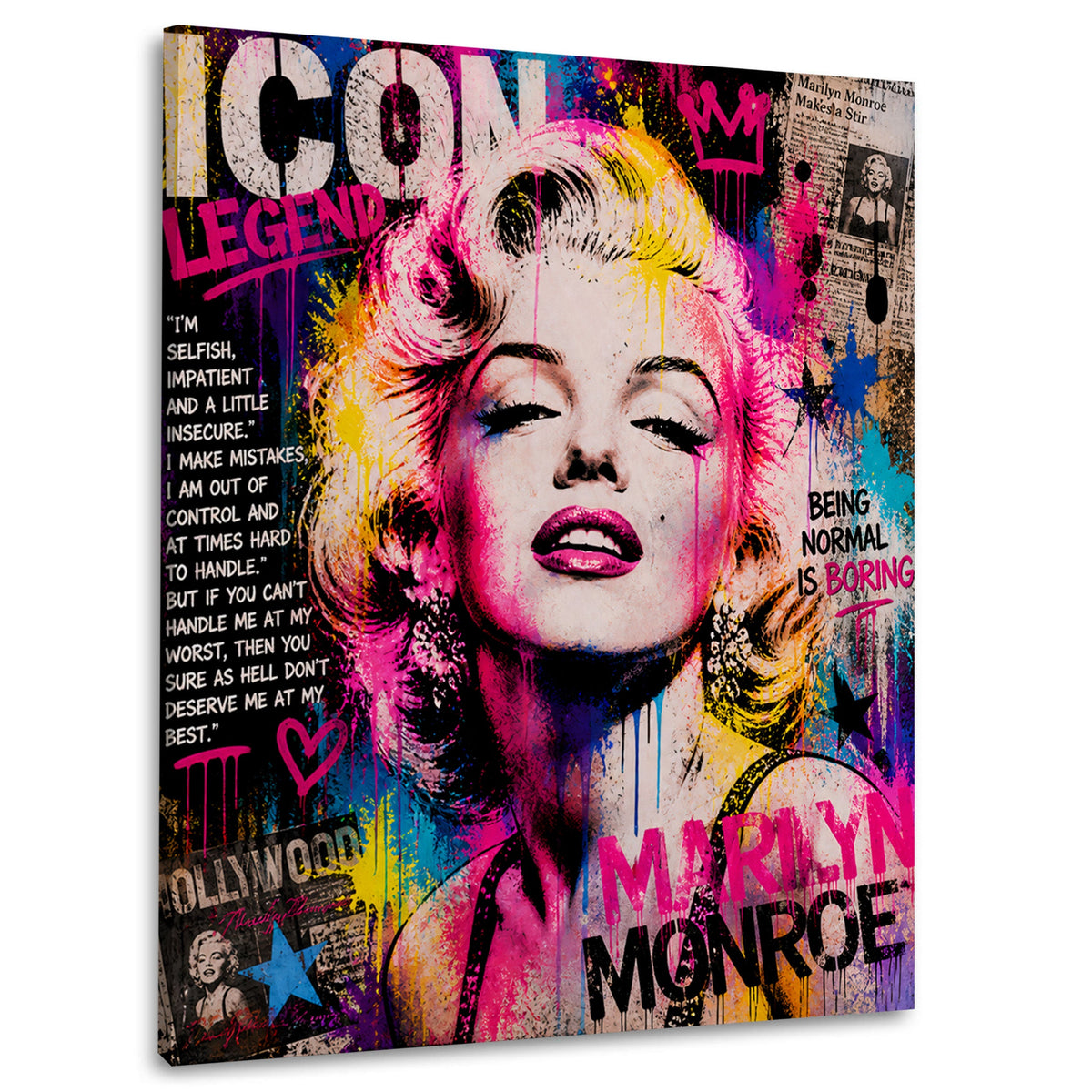 Wandbild Marilyn Porträt im Pop Art Stil mit Icon und Legend Schriftzug