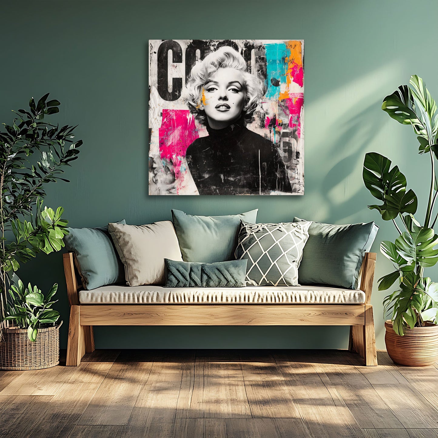 Marilyn schwarz weiß Pop Art Porträt mit Neon Wandbild