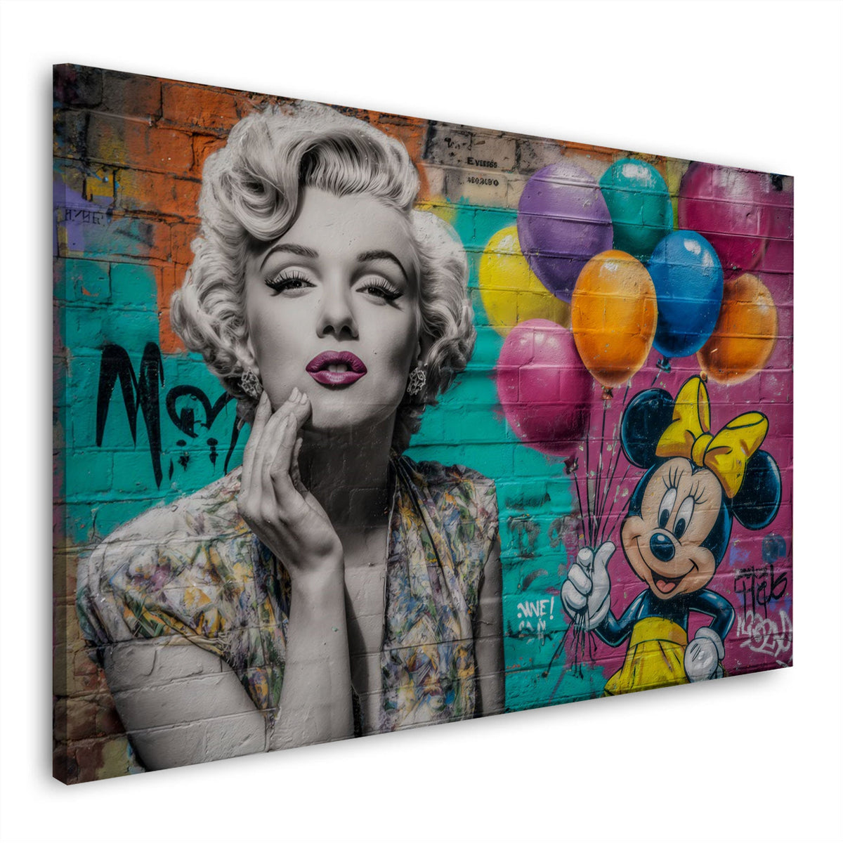 Wandbild Marilyn und Comicmaus mit Luftballons vor bunter Backsteinwand