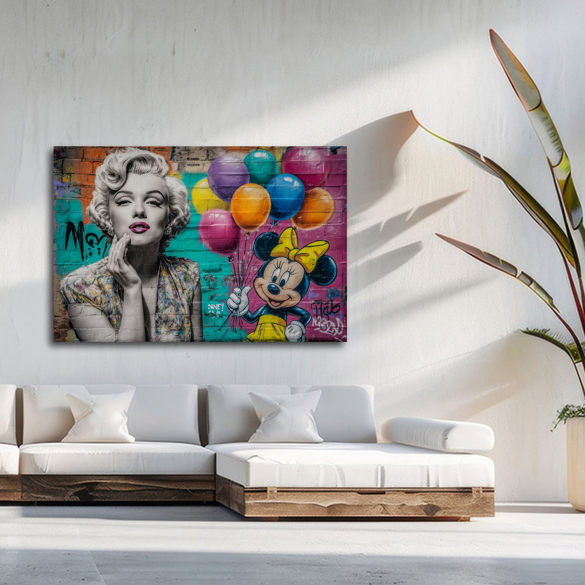 Street Art Wandbild mit Porträt und Comicfigur im Wohnzimmer