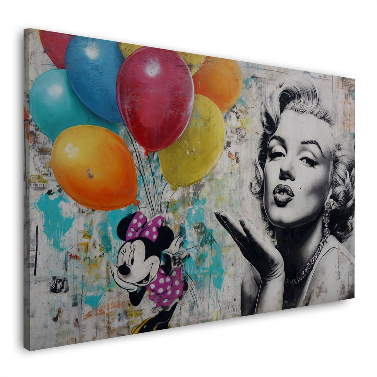 Wandbild Marilyn wirft einer Comicmaus mit bunten Ballons einen Kuss zu