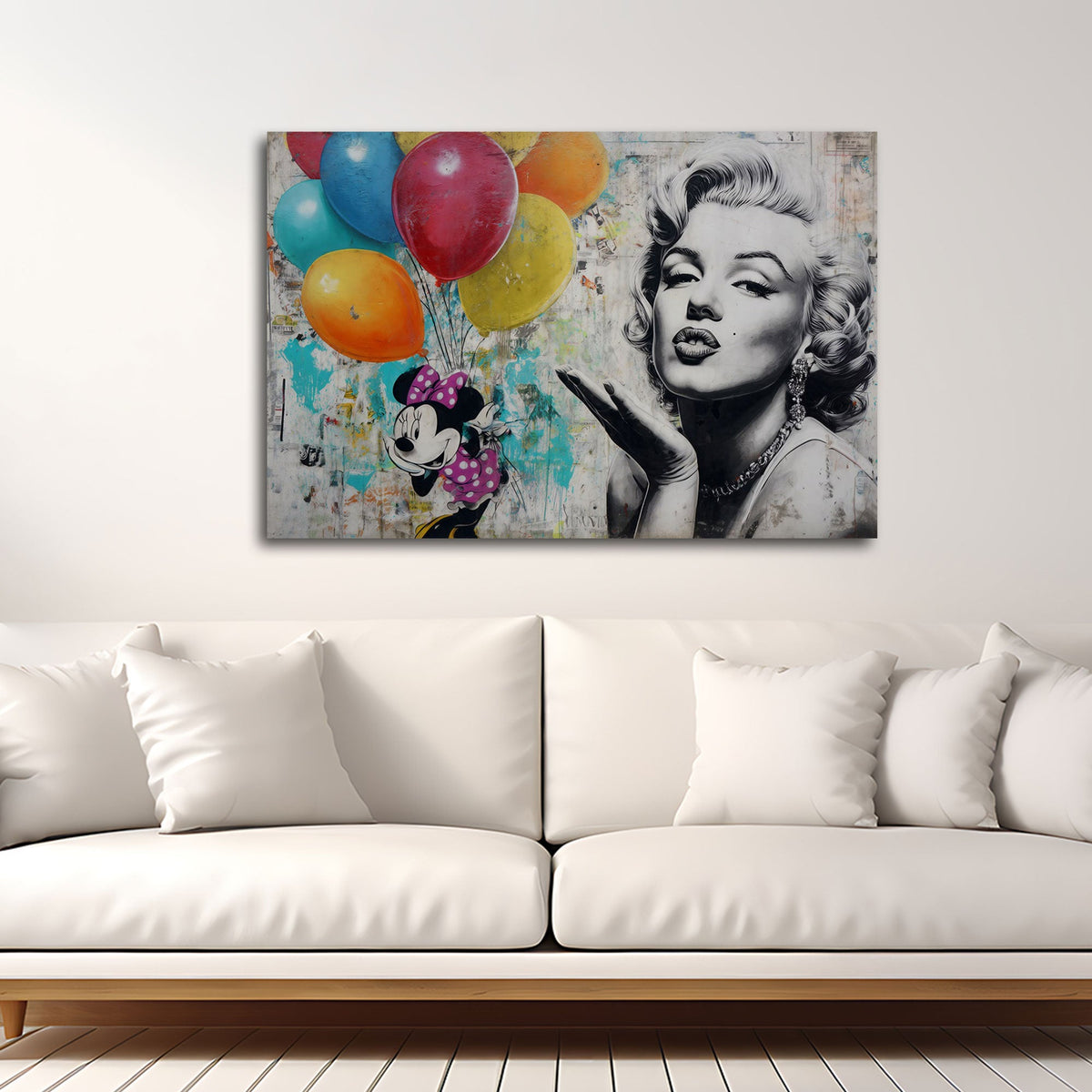 Street Art Wandbild mit Porträt und Luftballons im Wohnzimmer