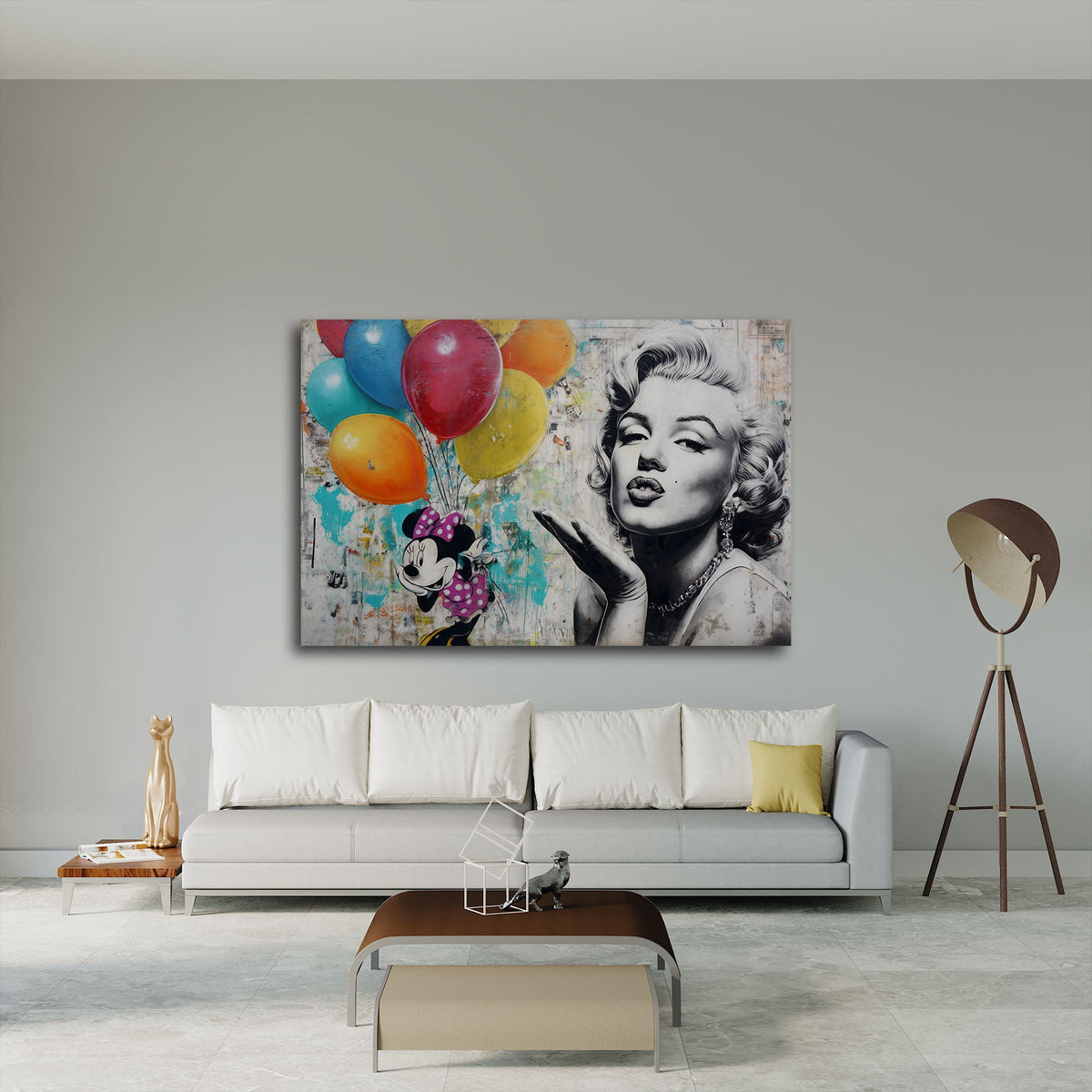 Detailansicht Wandbild mit bunten Luftballons vor Betonwand