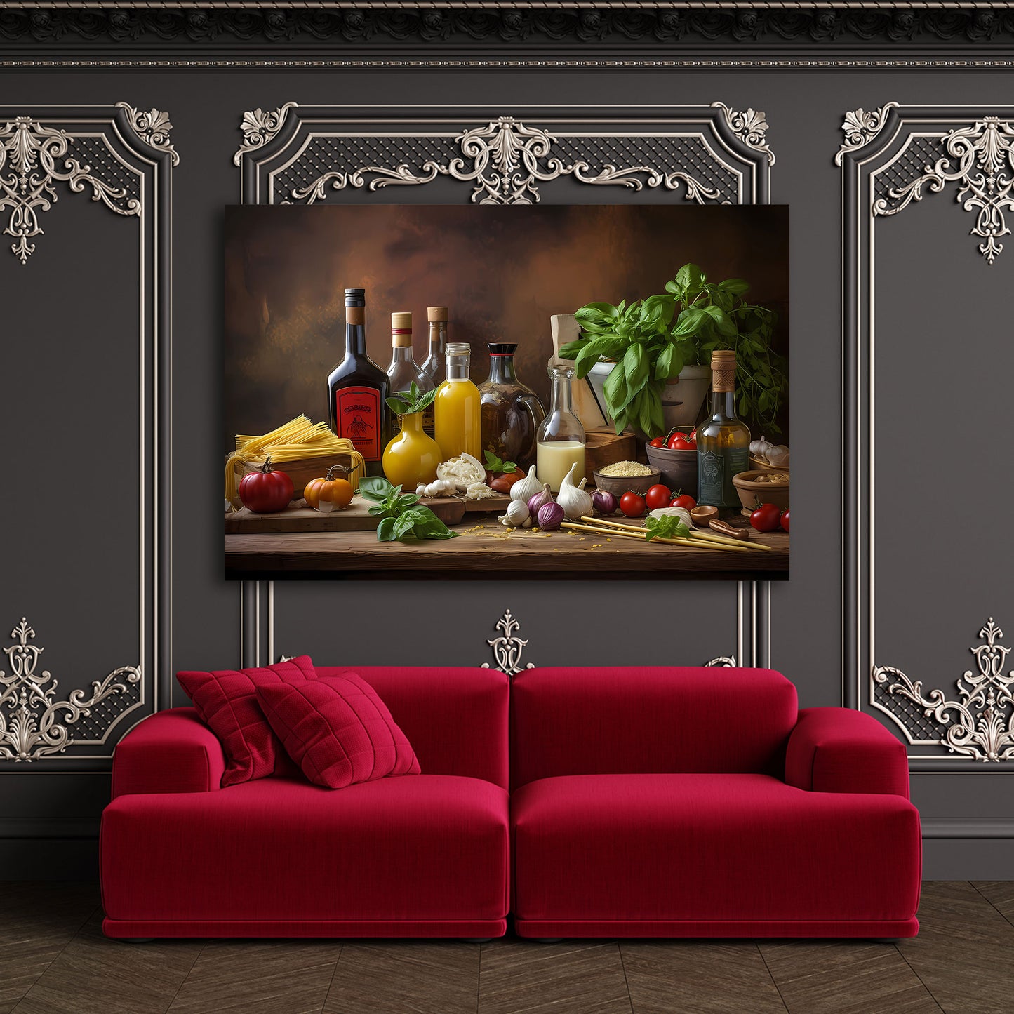 Mediterrane Kochkunst Tomaten Knoblauch Gewürze Wandbild