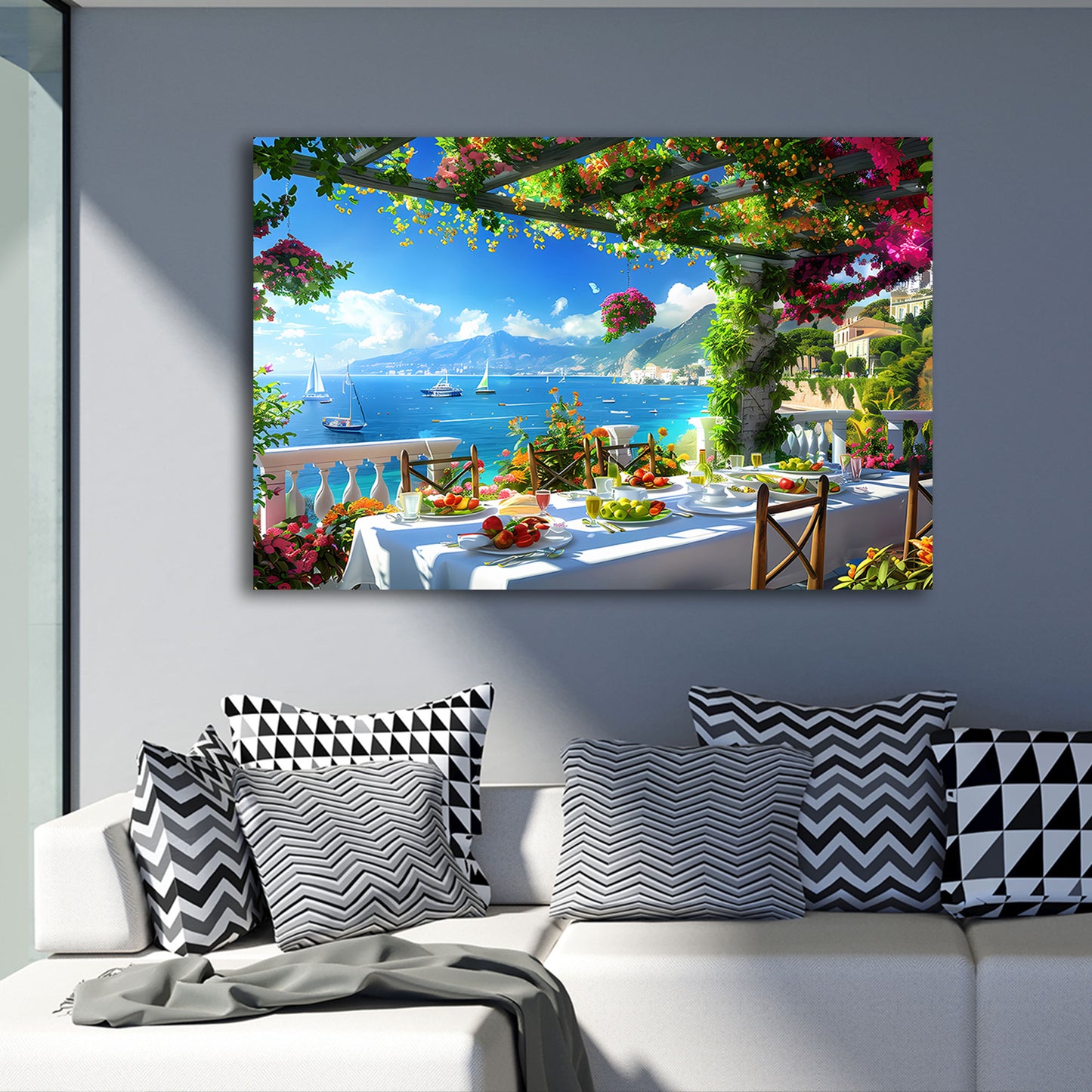 Italien Toscana mediterrane Landschaft Blumen und Segelboote Wandbild