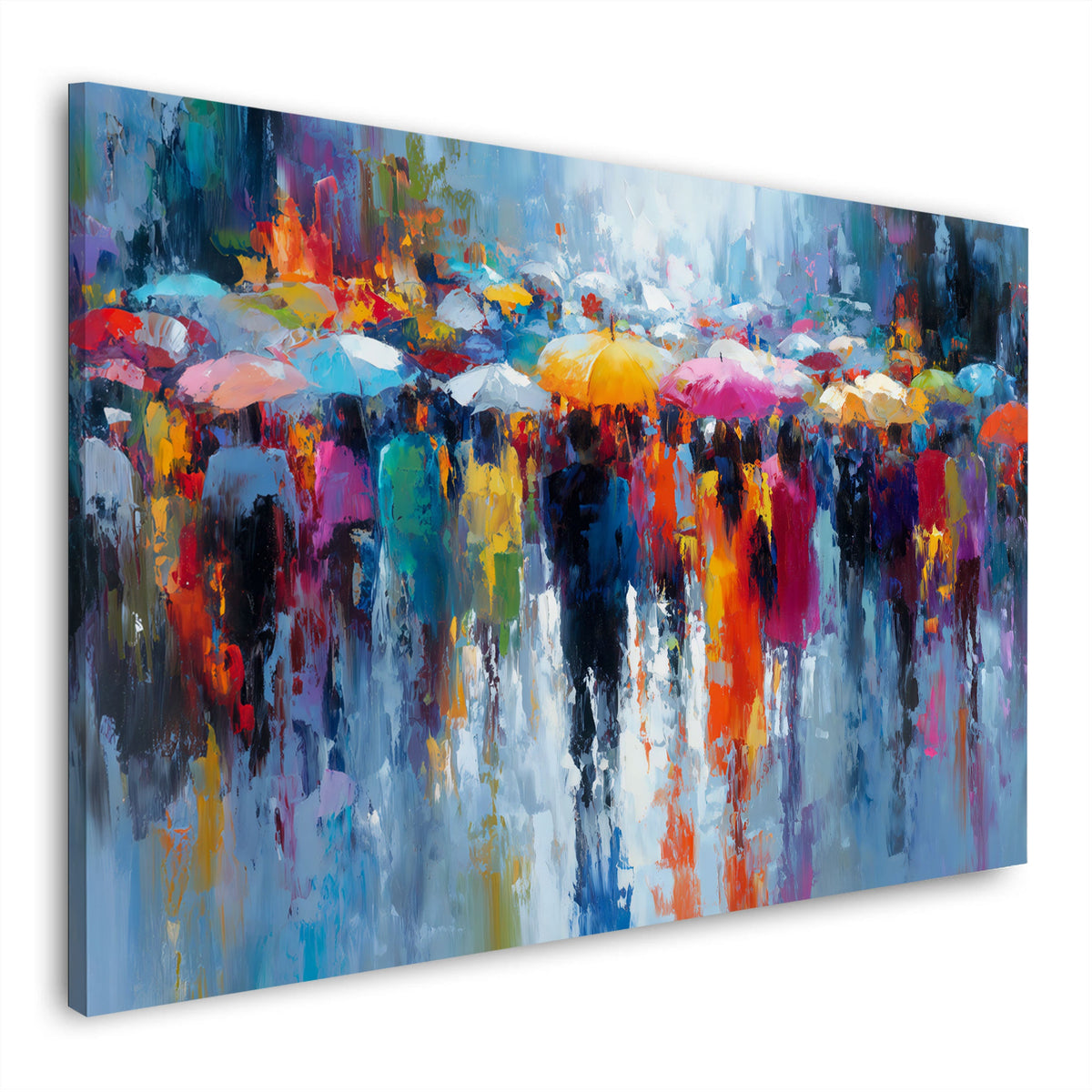 Abstraktes Wandbild mit bunten Regenschirmen in Gelb, Pink und Türkis