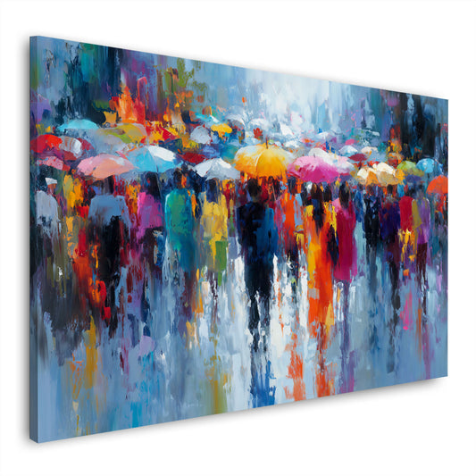 Abstraktes Wandbild mit bunten Regenschirmen in Gelb, Pink und Türkis