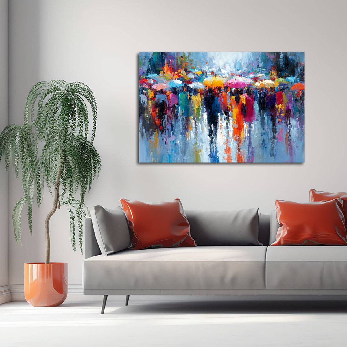 Abstraktes Regenschirm Wandbild über dem Sofa im Wohnzimmer