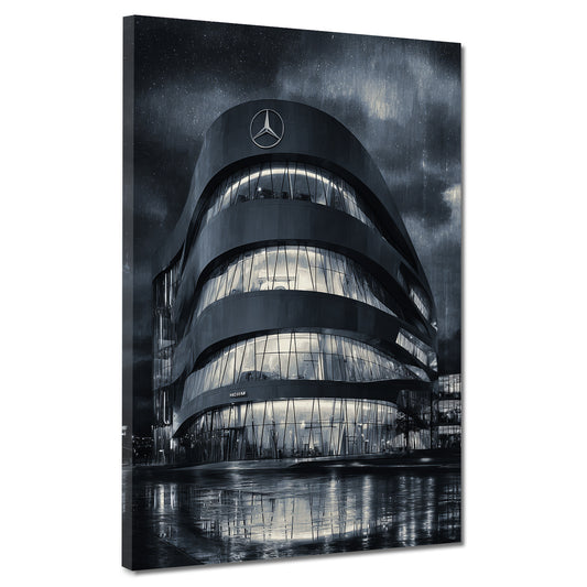 Mercedes Bau Stuttgart Nachtaufnahme Regen schwarz weiß Wandbild