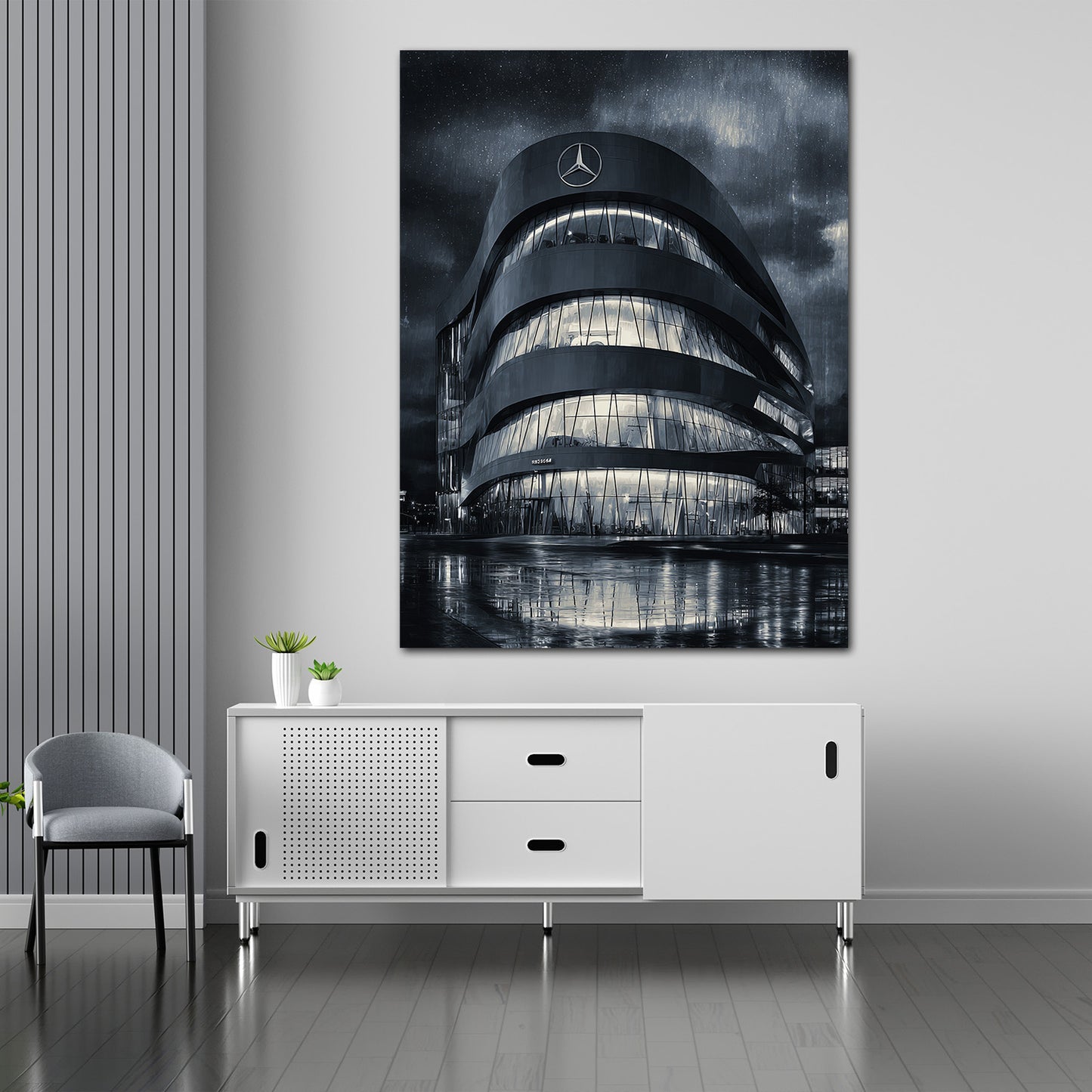 Mercedes Bau Stuttgart Nachtaufnahme Regen schwarz weiß Wandbild