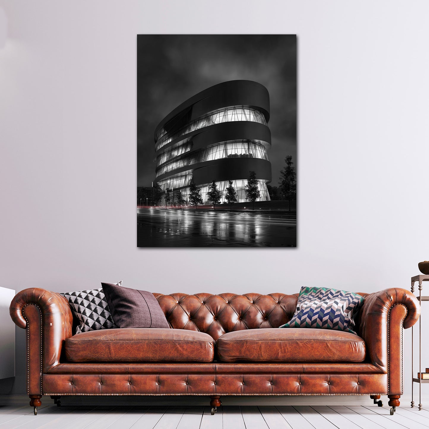 Mercedes Museum Stuttgart Regenstimmung schwarz weiß Wandbild