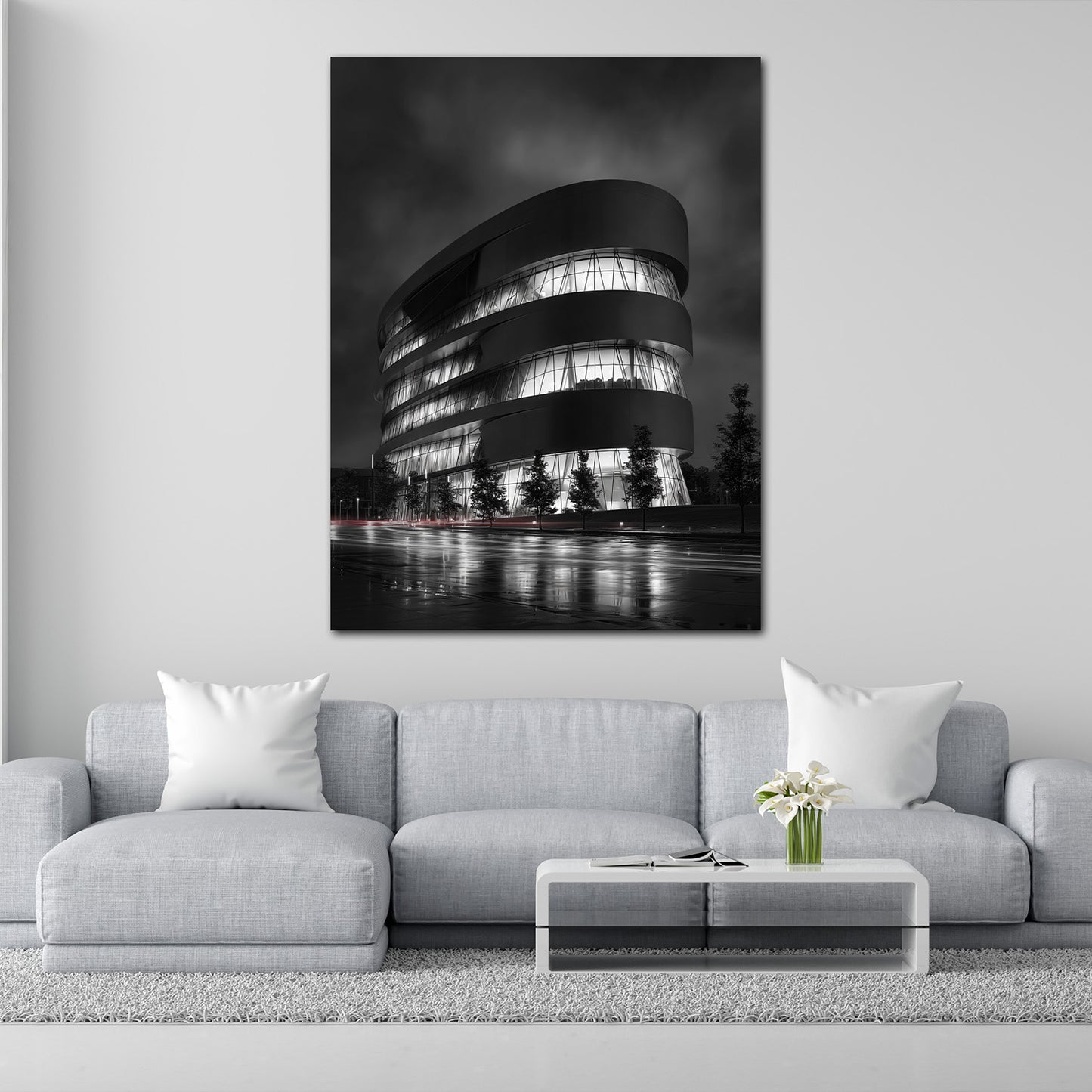 Mercedes Museum Stuttgart Regenstimmung schwarz weiß Wandbild