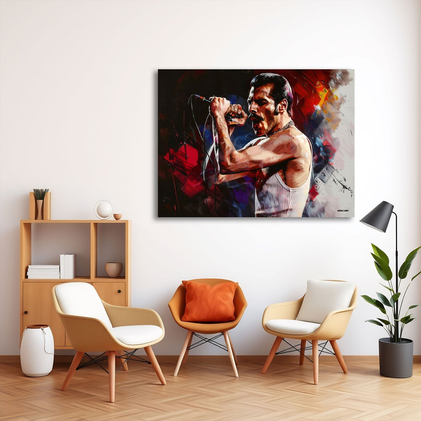Rockstar im Profil mit Mikrofon Wandbild im Wohnzimmer