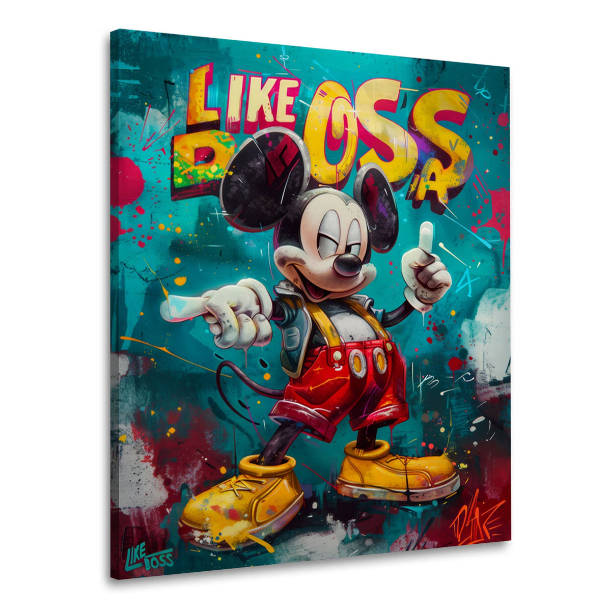 Wandbild Comic Maus mit Like a Boss Graffiti vor türkiser Wand