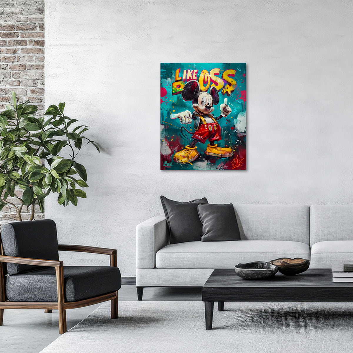 Detailansicht Comic Wandbild mit Farbspritzern und Schriftzug