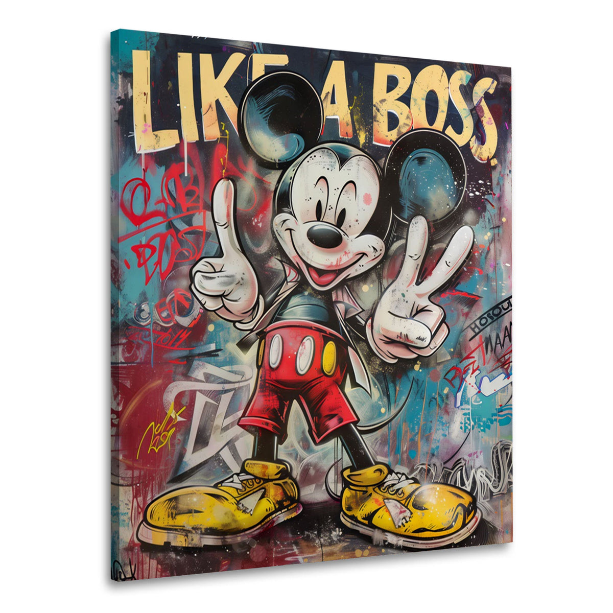 Wandbild Comic Maus mit Victory Zeichen und Like a Boss Graffiti
