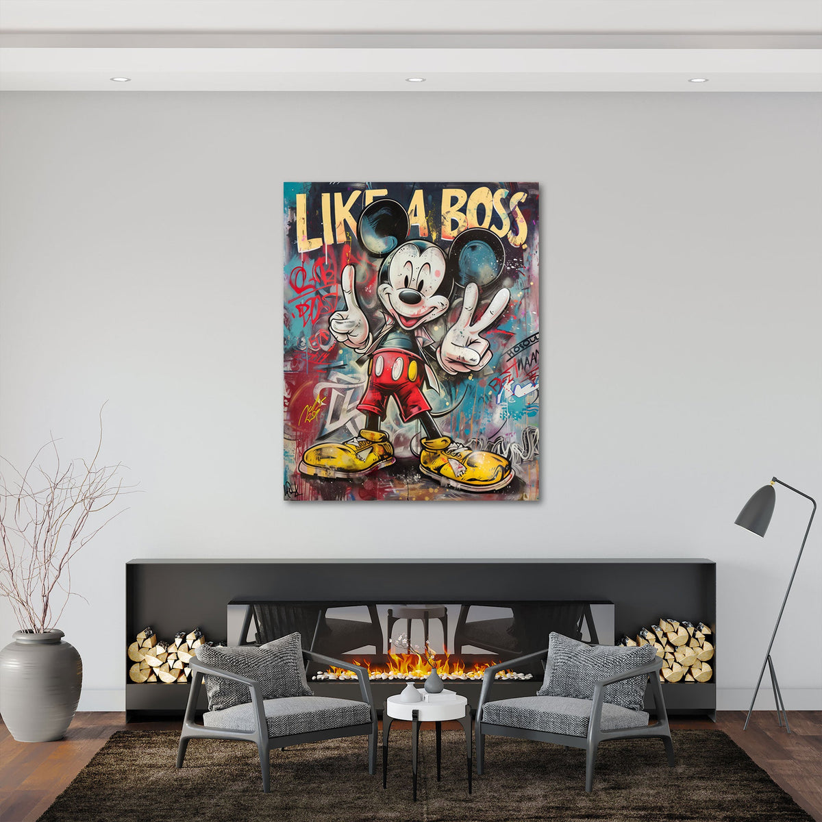 Detailansicht Comic Wandbild mit Graffiti und gelbem Schriftzug
