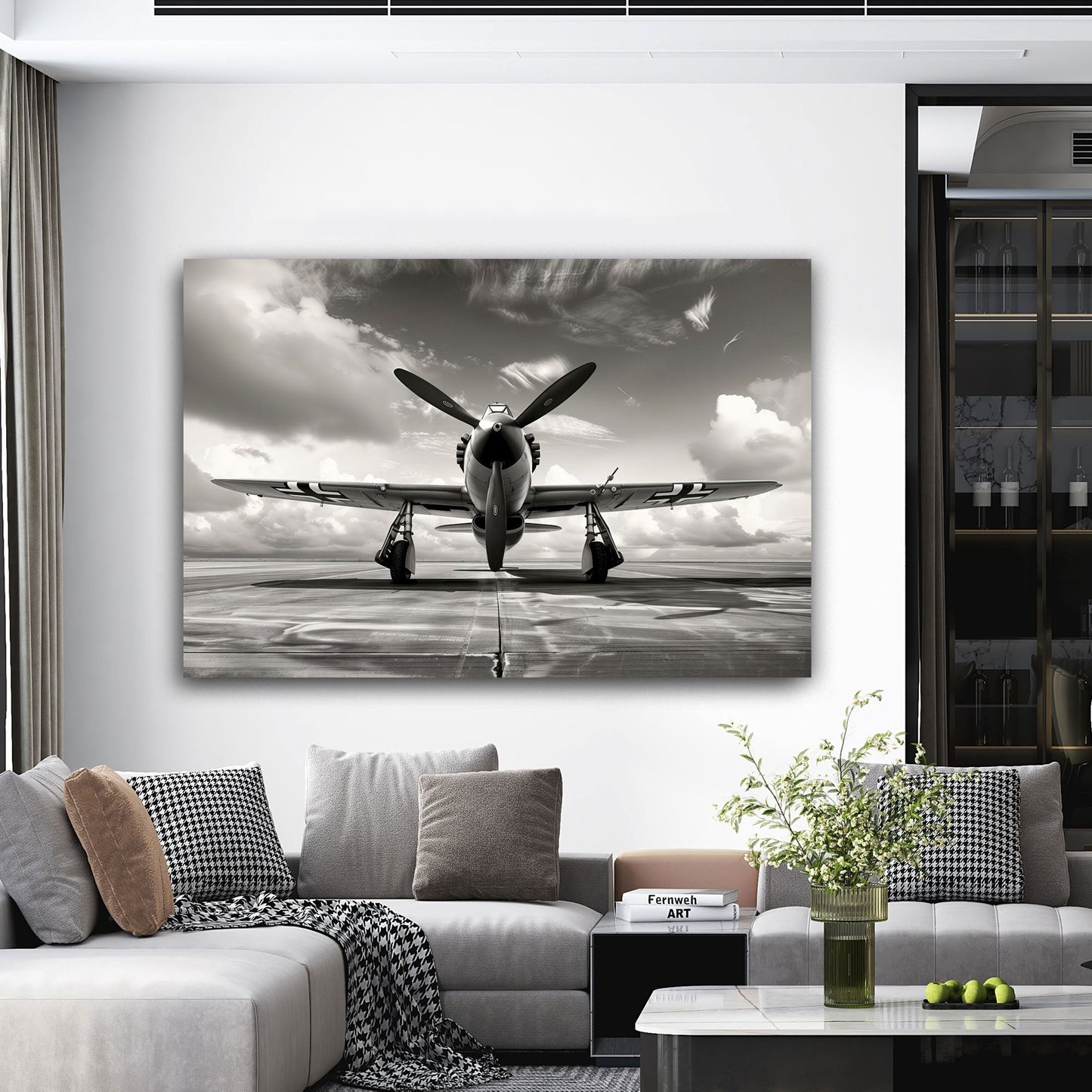 Militärflugzeug Wandbild in Schwarz-Weiß über der Couch im Wohnzimmer