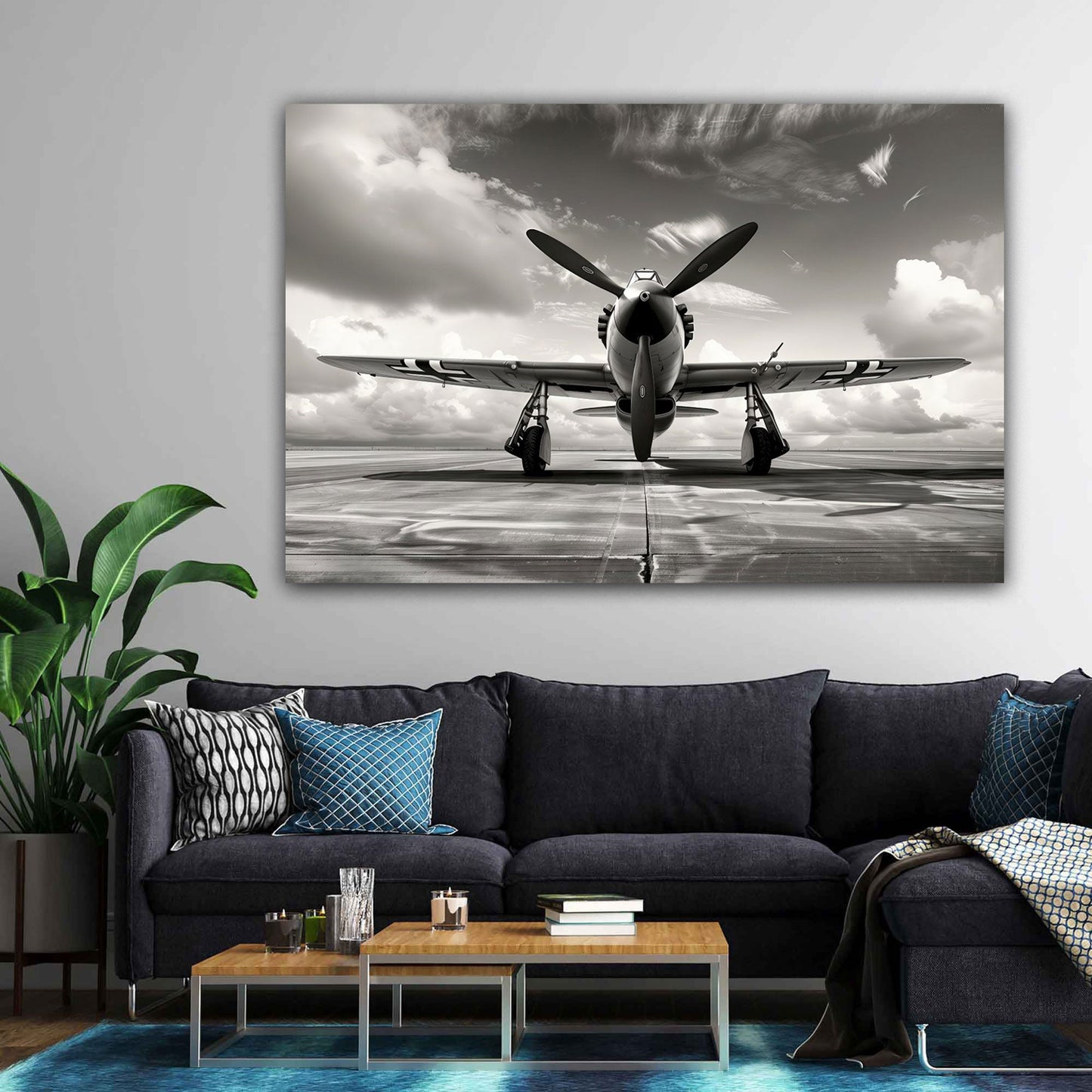 Schwarz-Weiß Flugzeug Wandbild im modernen Büro