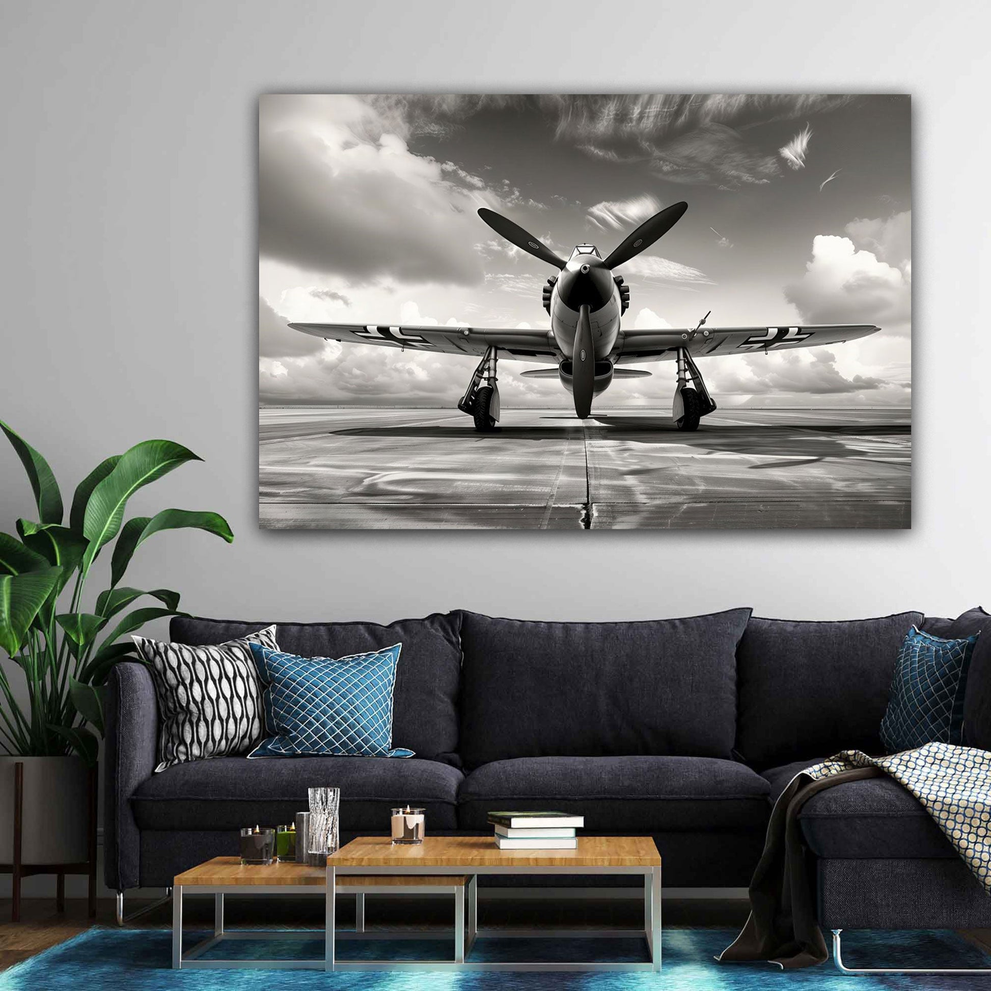 Schwarz-Weiß Flugzeug Wandbild im modernen Büro