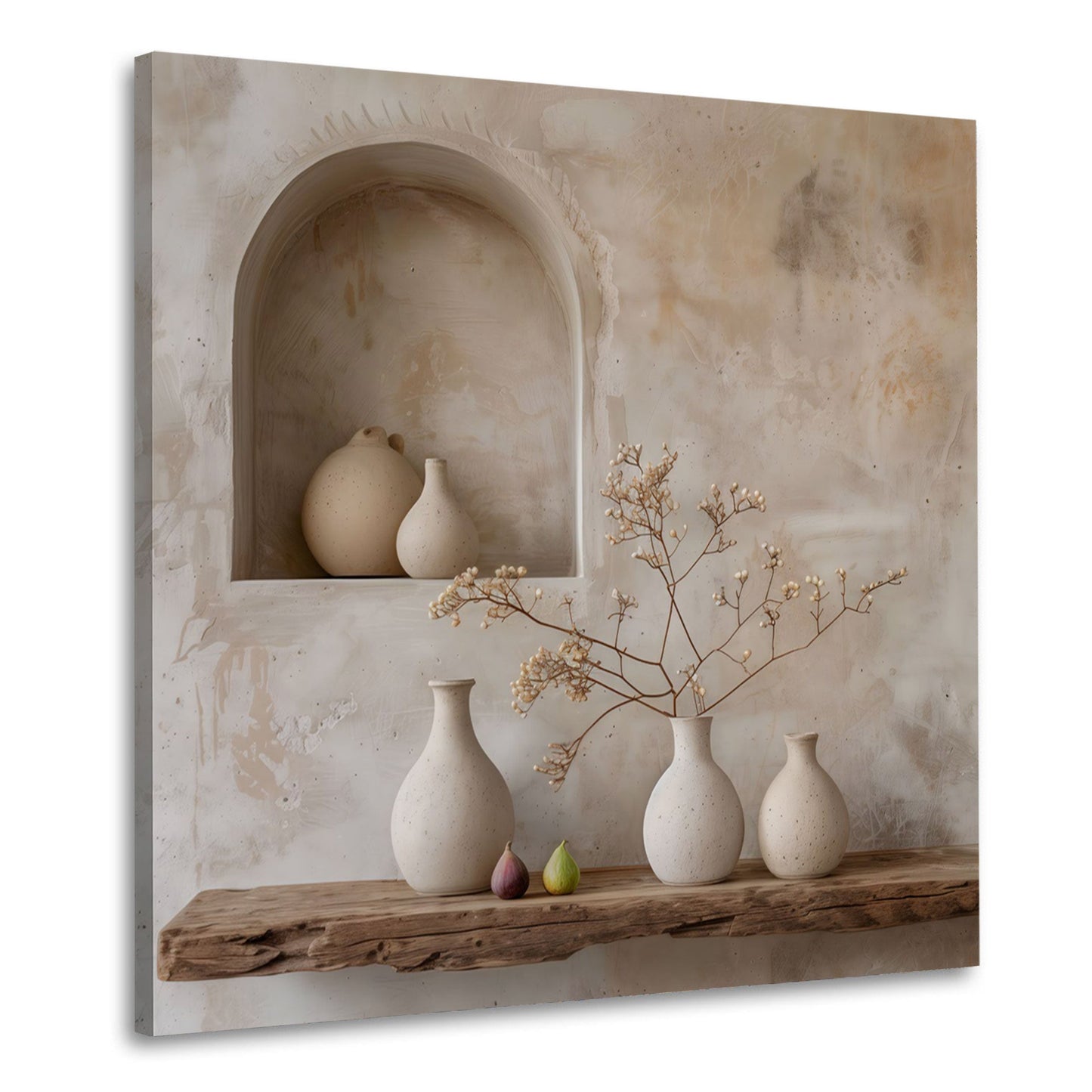 Minimalistische Keramikvasen mit Trockenblumen in Beige und Creme – Wandbild im Querformat