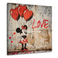 Wandbild Comicmaus mit roten Herzballons vor Vintage Wand mit Love